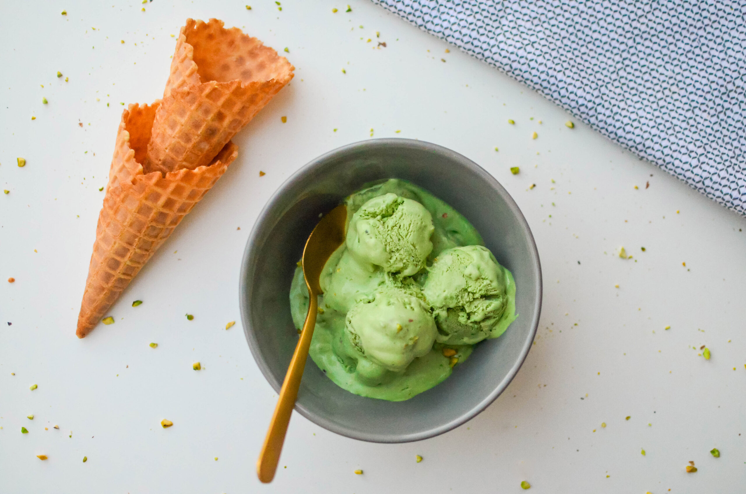 No-Churn Matcha Ice cream topped with pistachios