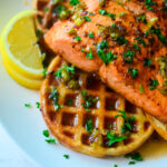 side view of the hot honey salmon and waffles